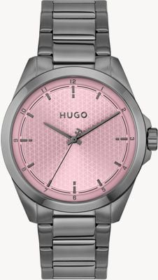 HUGO Montre Seam à trois aiguilles à quartz (42,5 mm), cadran rose / bracelet en acier inoxydable PVD gris 1530454