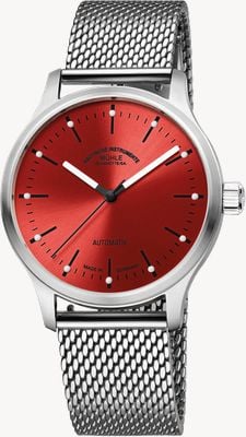 Mühle Glashütte Automatyczna czerwona tarcza Panova (40 mm) z czerwoną tarczą słoneczną i bransoletą Milanaise ze stali nierdzewnej M1-40-78-MB