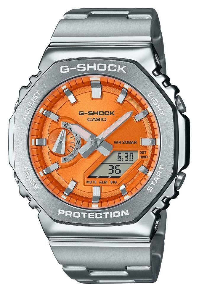 Casio G Shock Metal Steel Edition 44.4mm Orange Dial Stainless Steel Bracelet GM 2110D 4AER James Moore Co. Jewellers of Distinction Since