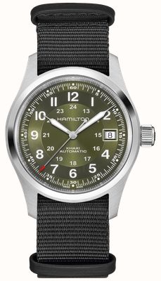 Hamilton Automatyczny zegarek khaki field (38 mm) z zieloną tarczą słoneczną / antracytowym paskiem NATO H70455960