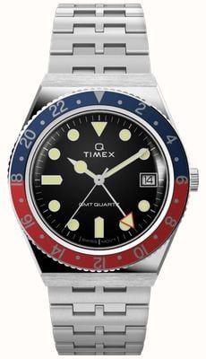 Q Timex GMT (38 mm) schwarzes Zifferblatt / Edelstahlarmband TW2V38000