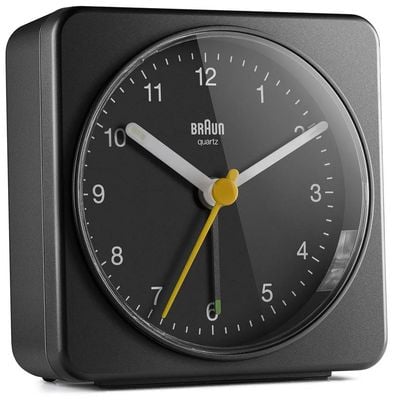Braun Reloj despertador analógico clásico Bc03 - completamente negro - 7,8 cm de ancho x 7,8 cm de alto x 3,2 cm de profundidad BC03B
