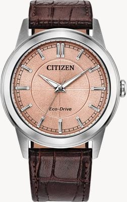 Citizen Relógio Eco-Drive Rolan (41mm) mostrador cor salmão / pulseira de couro marrom AW2110-14Z