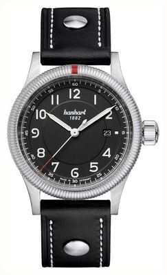 Hanhart Pioneer One Automatic (42 mm) quadrante nero / cinturino in pelle nera con rivetti - m 762.210-0010