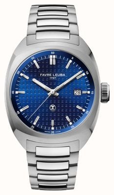 Favre Leuba Chief date automatique (40 mm), cadran bleu à motif monogramme / bracelet en acier inoxydable 00.20102.102.02.200