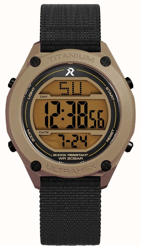 RZE Multifunctioneel horloge in tan cerakote (42mm) met geel display / zwart elastisch nylon bandje UTD-8000-CKT - alternatieve weergave 2