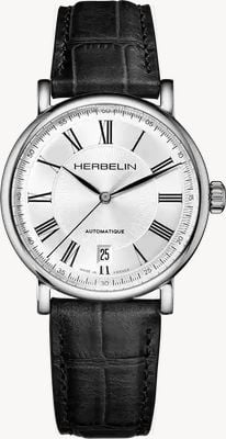 Herbelin Inspiration automático (38 mm), esfera plateada / correa de piel negra 2047AP08