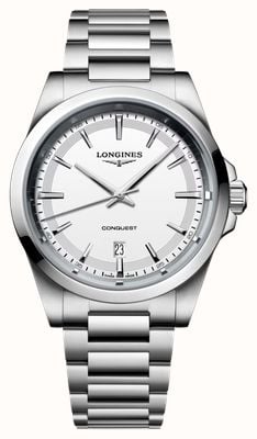 LONGINES Relógio de quartzo Conquest (41 mm) com mostrador branco jateado e pulseira de aço inoxidável. L38604126