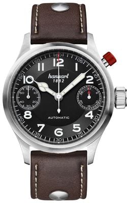 Hanhart Chronographe automatique Pioneer Monoscope (45 mm), cadran noir / bracelet en cuir marron foncé - m 732.210-0110
