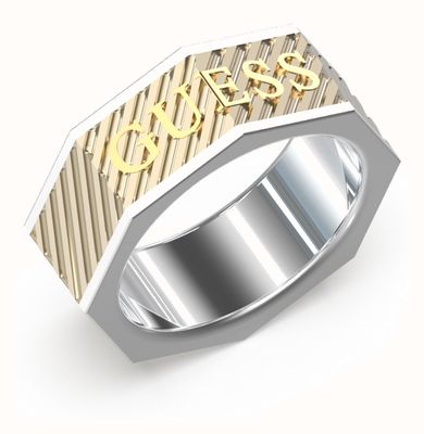 Guess Men's Bond Street Steel And Gold Plated Squared Logo Ring Size 64 UMR03030YGST64