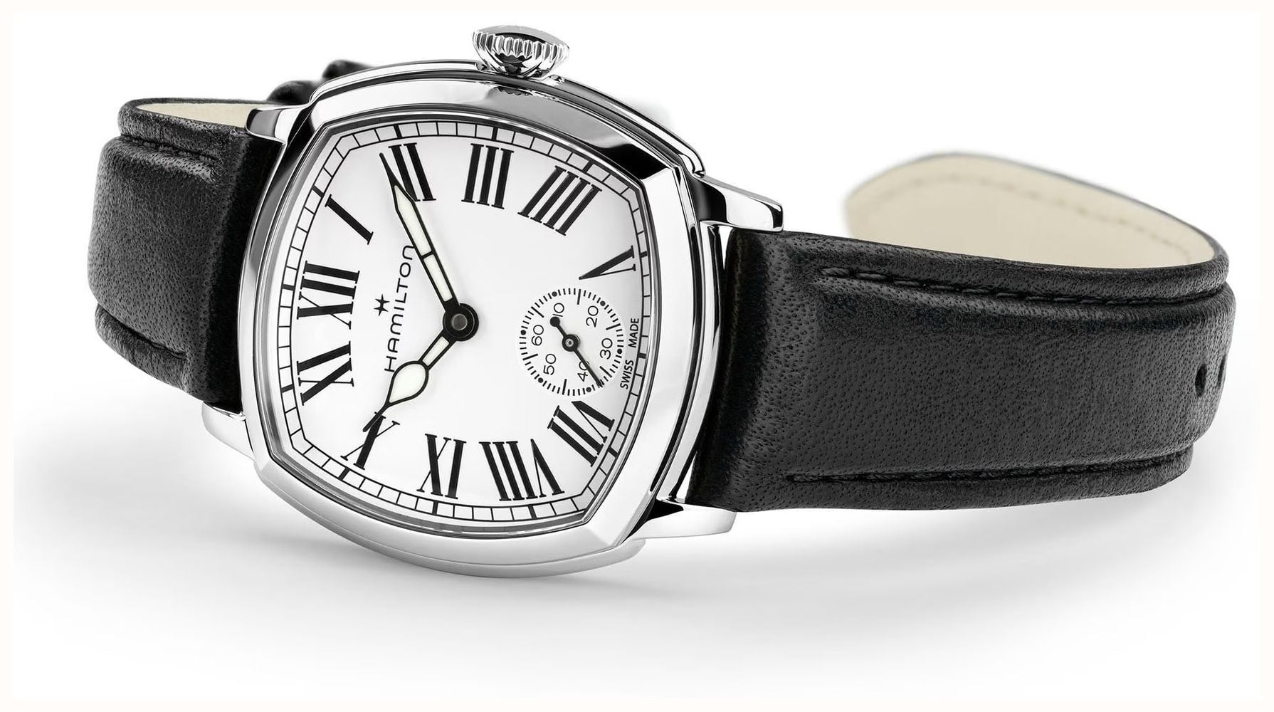 Hamilton American Classic Cushion Mechanical (30mm) Enamel White Dial / Black Leather Strap Watch H36109720 - alternate view 4