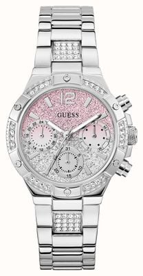 Guess Harlow Multifunktionsuhr (38 mm) mit Ombré-Glitzerzifferblatt und Edelstahlarmband GW0950L1