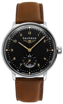 Bauhaus Classico al quarzo con piccoli secondi (35 mm) quadrante nero / cinturino in pelle marrone 2037-2