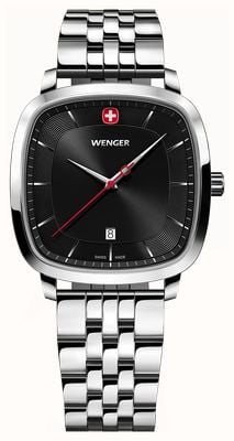 Wenger Orologio al quarzo classico vintage (37 mm) con quadrante nero a raggiera e bracciale in acciaio inossidabile. 01.1921.102
