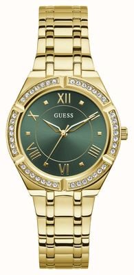 Guess Damen-Armbanduhr Cosmo (36 mm) mit grünem Zifferblatt und goldfarbenem Edelstahlarmband GW0033L8