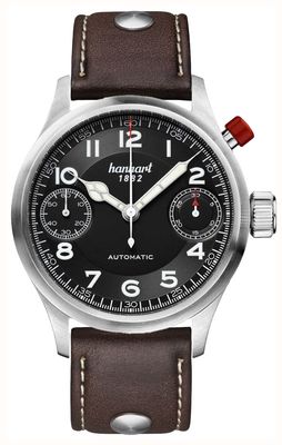 Hanhart Cronografo automatico Pioneer monoscope (45 mm) quadrante nero / cinturino in pelle marrone scuro - m 732.210-0110