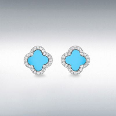 Sterling Silver Rhodium Plated 11mm Clover Syn Turquoise and 1.1mm White CZ Stud Earring 8.59.1911