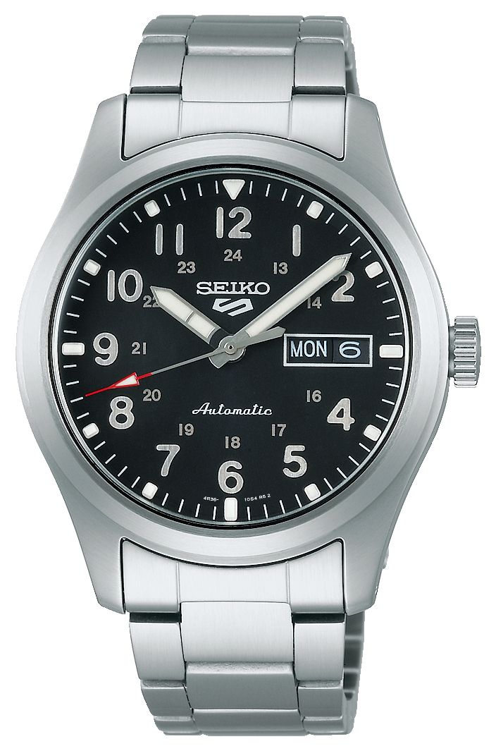 Seiko 5 terrain de sport cadran noir bracelet en acier montre