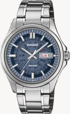 Casio Serie MTP-E740 giorno-data al quarzo (39,8 mm) quadrante blu trasparente / bracciale in acciaio inossidabile MTP-E740-2A1VER
