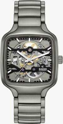 RADO Echtes quadratisches Skelett-Automatikuhrwerk (38 mm) mit Skelett-Zifferblatt / Armband aus mattiertem Plasmagrau aus Hightech-Keramik R27196152