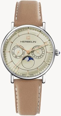 Herbelin Inspiración masculina | esfera de fase lunar champán | correa de cuero tostado 12747AP17TR