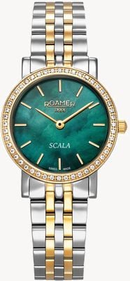 Roamer Cristal Scala (28 mm), esfera de nácar verde / brazalete de acero inoxidable bicolor 976830 47 70 50