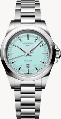 LONGINES Conquest quartz (30 mm) mintblauwe wijzerplaat met zandstraalafwerking / roestvrijstalen armband L33504926