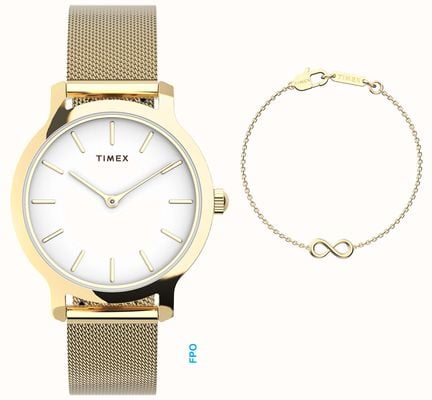 Timex Transcend™ - 礼盒套装（31毫米）白色表盘/金色PVD不锈钢网状表带 TWG067000