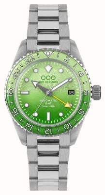 Out Of Order Mostrador verde Midori automático GMT (40 mm) / pulseira em aço inoxidável ultra escovado OOO.001-25.MI.BAND.SS