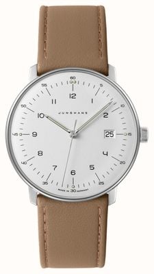 Junghans Relógio de couro bege com mostrador branco max bill masculino cristal de safira 41/4562.02