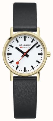 Mondaine Klassische Damenuhr (30 mm) mit weißem Zifferblatt und schwarzem veganem Traubenlederarmband A658.30323.10SBBV