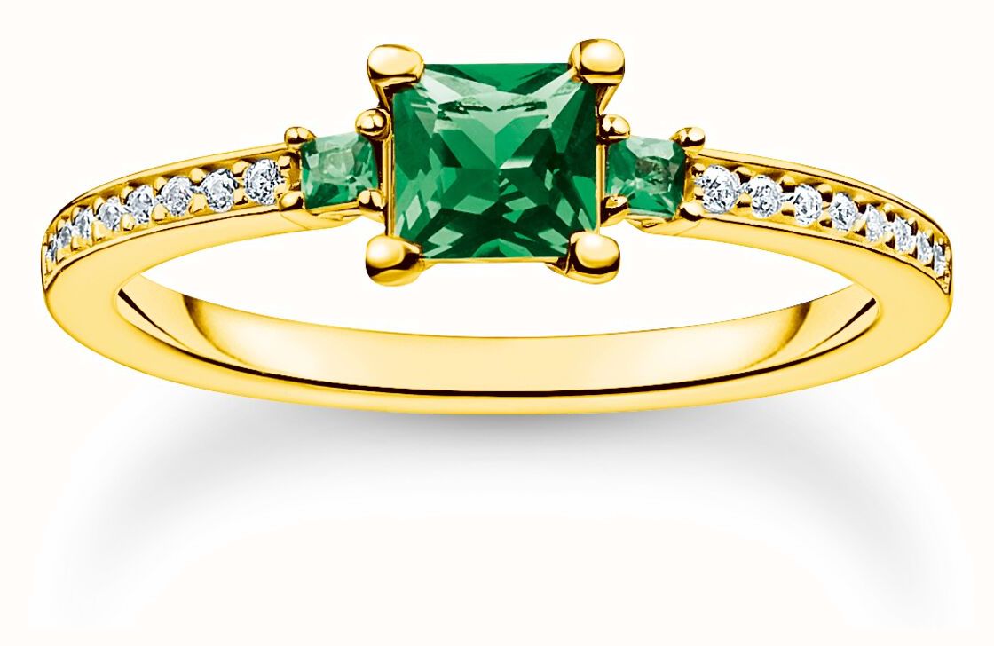 Thomas Sabo Jewellery Charming Emerald Gold Plated Green and White Gemstone Ring Size 54 TR2402 971 6 54