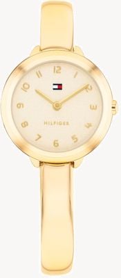 Tommy Hilfiger Brazalete semiesfera de cuarzo de dos manecillas (26 mm), esfera dorada y brazalete de acero inoxidable con recubrimiento PVD dorado. 1782895