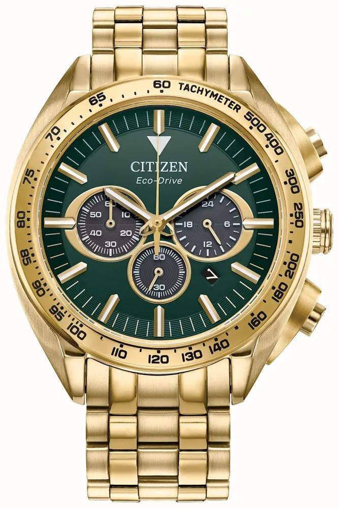 Citizen Men s Chronograph Eco Drive Green Dial Gold Tone Stainless Steel CA4542 59X First Class Watches USA