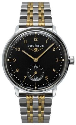 Bauhaus Klassisches Quarzuhrwerk mit kleiner Sekunde (35 mm), schwarzes Zifferblatt, zweifarbiges Edelstahlarmband 2037M2