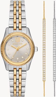 Michael Kors Coffret cadeau montre et bracelet Lexington (26 mm) cadran argenté / bracelet en acier inoxydable bicolore MK4815SET