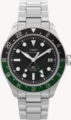 Timex Waterbury Heritage Automatic GMT (41,5 mm) mostrador preto / pulseira de aço inoxidável TW2Y60800