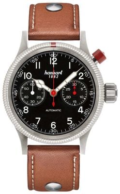 Hanhart Chronographe automatique Pioneer mk i (40 mm), cadran noir / bracelet en cuir marron clair à rivets - m 714.210-0210