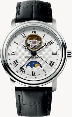 Frederique Constant Classics phase de lune battement de coeur automatique (40 mm) cadran guilloché argenté / bracelet en cuir noir FC-335MC4P6