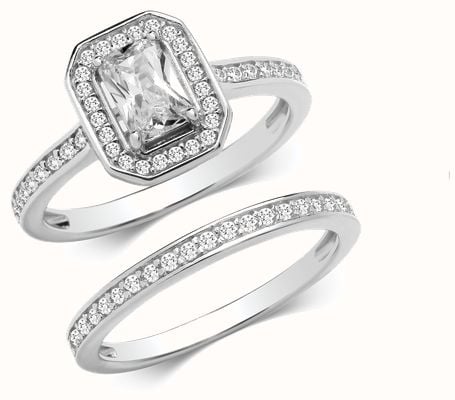 James Moore TH LADIES SILVER BRIDAL CZ SET BAND & RING (SIZE N) G7579/N