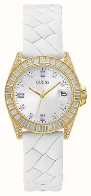 Guess Women's Silver Crystal Dial White Braided Silicone Strap GW0585L2