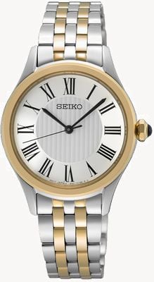 Seiko Kwarcowy zegarek Caprice (29,6 mm) z białą tarczą / dwukolorową bransoletą ze stali nierdzewnej SUR612P1