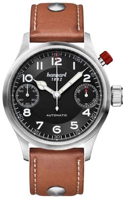 Hanhart Pioneer Monoscope Automatik-Chronograph (45 mm), schwarzes Zifferblatt / hellbraunes Lederarmband - m 732.210-0210