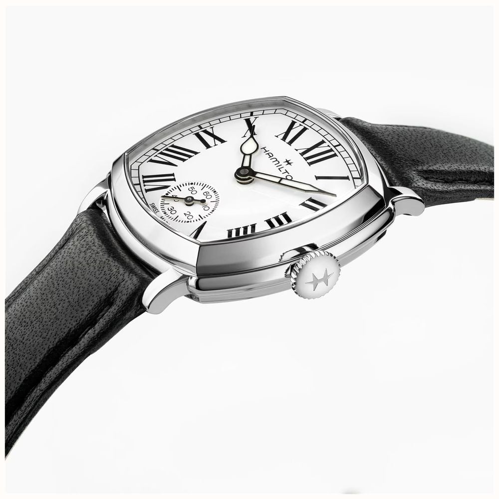 Hamilton American Classic Cushion Mechanical (30mm) Enamel White Dial / Black Leather Strap Watch H36109720 - alternate view 2