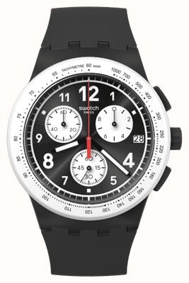 Swatch Nie ma nic podstawowego w czarnej (42 mm) czarnej tarczy chronografu i czarnym silikonowym pasku SUSB420