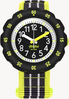 Flik Flak Kinderarmbanduhr in Neon (34,75 mm), schwarzes Zifferblatt / schwarz-gelbes Klettarmband aus recyceltem Tiergewebe FPSP073