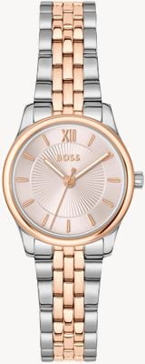 BOSS Elegante Mina Quarzuhr mit drei Zeigern (25 mm), rosafarbenem Zifferblatt und zweifarbigem Edelstahlarmband 1502842