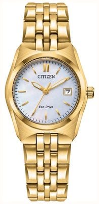 Citizen Eco-Drive Corso (28mm) Mother-of-Pearl Dial / Gold PVD Stainless Steel Bracelet EW2293-56D