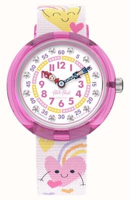 Flik Flak BOUNCING HEARTS (31.85mm) White Dial / Pink Heart-Patterned Recycled PET Strap FBNP223