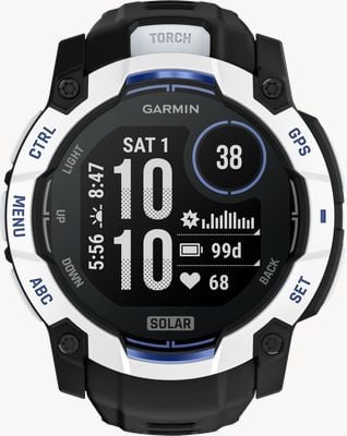 Garmin Instinct 3 - Solar Outdoor GPS Smartwatch (50mm) Whitestone with Black/Bolt Blue Band 010-02935-03